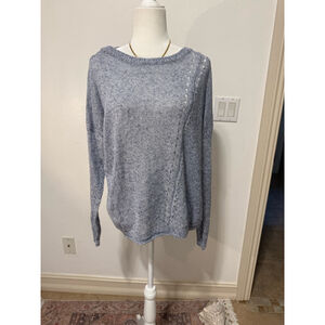 360 Linen Sweater Blue and White Linen Crew Neck Sweater, Size L, loose knit.